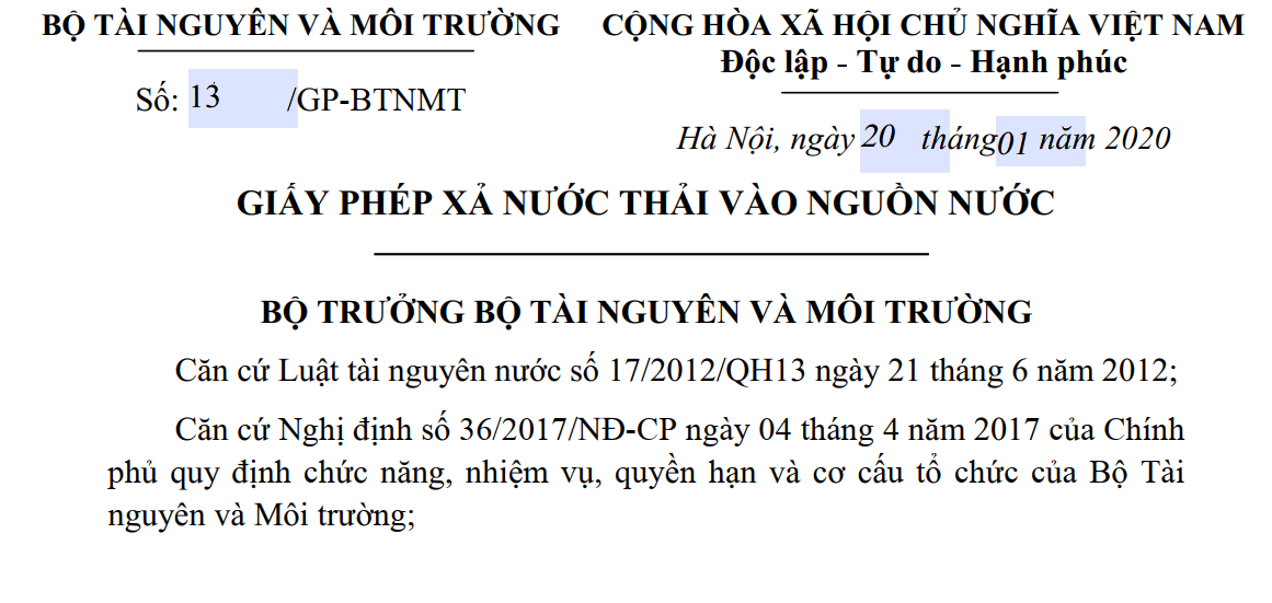 GIẤY PHÉP XẢ NƯỚC THẢI VÀO NGUỒN NƯỚC SỐ 13/GP-BTNMT